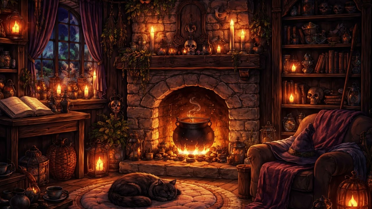 A witch's library | Relaxing Evening fireplace sounds with cat purring |