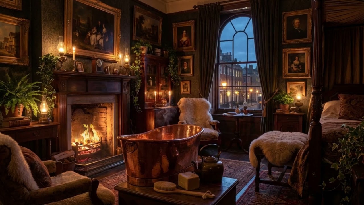 1800s Victorian Bath Ambiance | Crackling Fireplace & Rainy Night | Smooth Jazz & Oil Lamp Glow