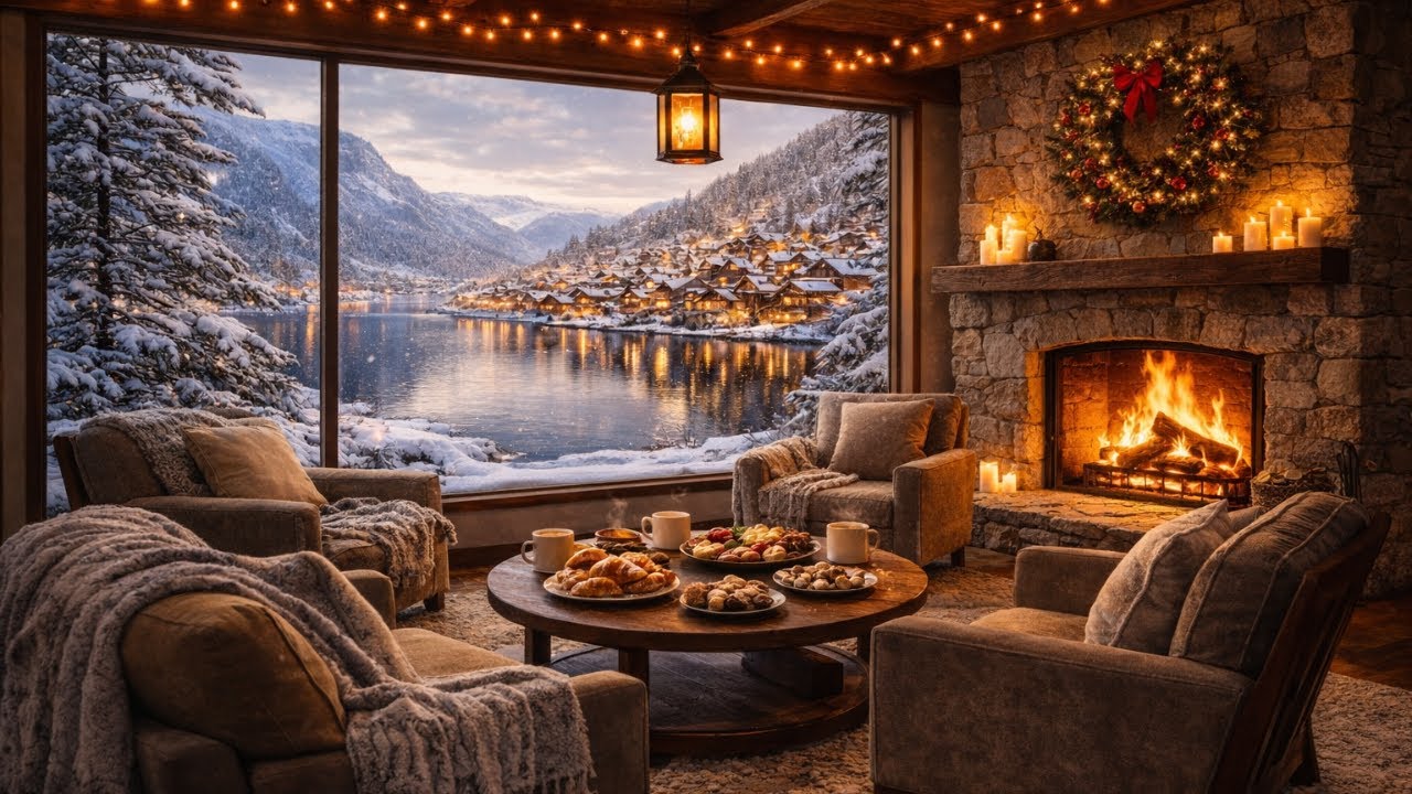 Cozy Winter Cabin by the Lake ❄️ Snowy Village View & Crackling Fireplace