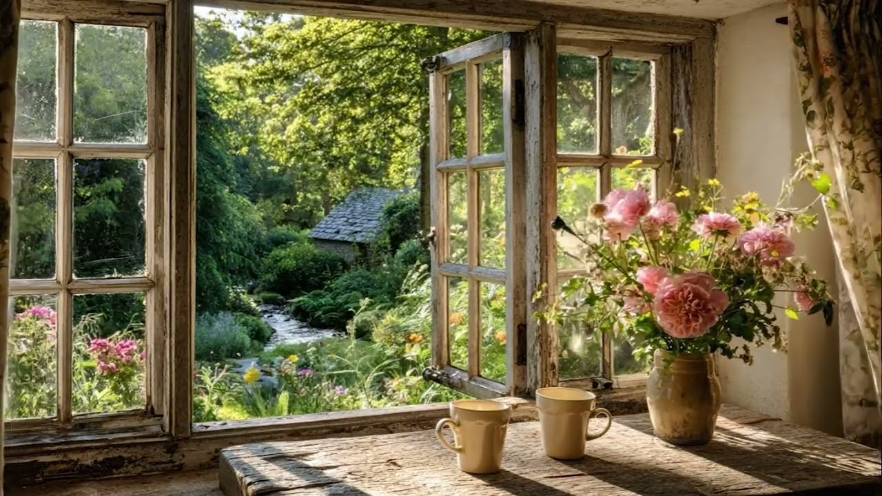 A Peaceful Morning by the Cottage Window | Soft Sunlight, Garden Calm & Stillness | Stream Sound ,..