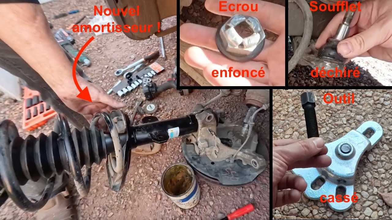 Ecrou enfoncé, soufflet déchiré, outil cassé, mais amortisseurs avant changés !
