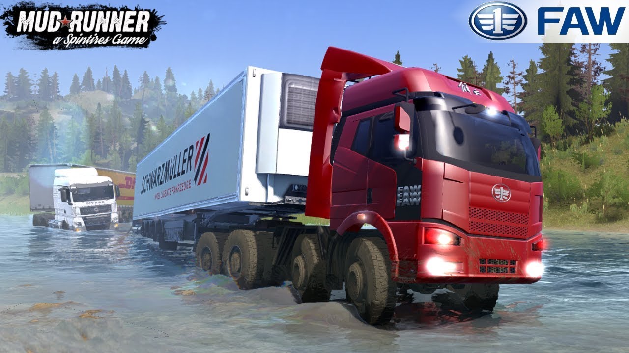 Spintires: MudRunner - FAW J6P Tows a Semi Truck across the River