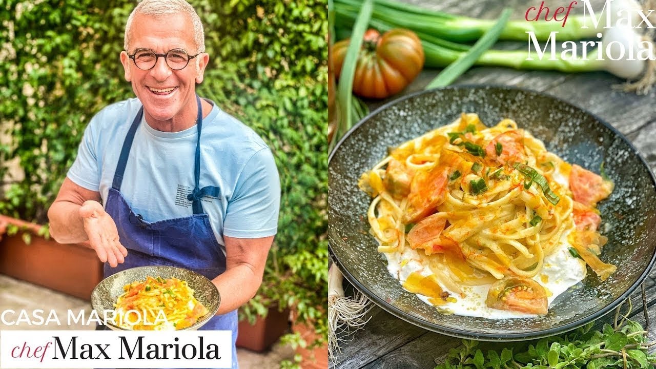 Pasta LINGUINE con POMODORI, STRACCIATELLA e BOTTARGA (e-sa-ge-ra-ta!) Ricetta di Chef Max Mariola