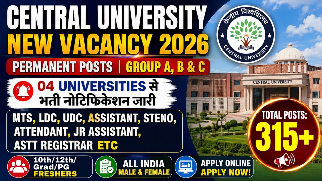 Central University New Vacancy 2026 🎯 Group A, B & C Permanent Posts 👉10th/12th/Grad/PG Freshers