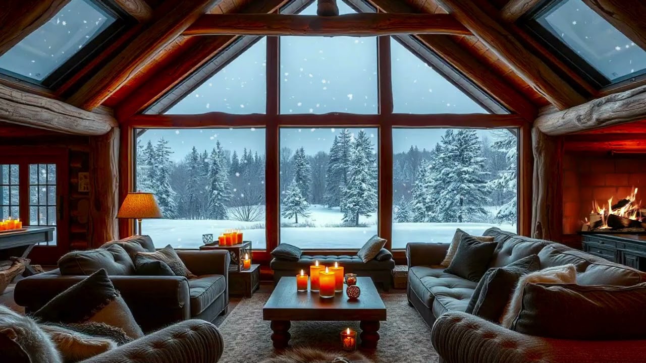 Snow Falling Outside a Cozy Cabin Window ❄️ Calm Winter Ambience (1 Hour)