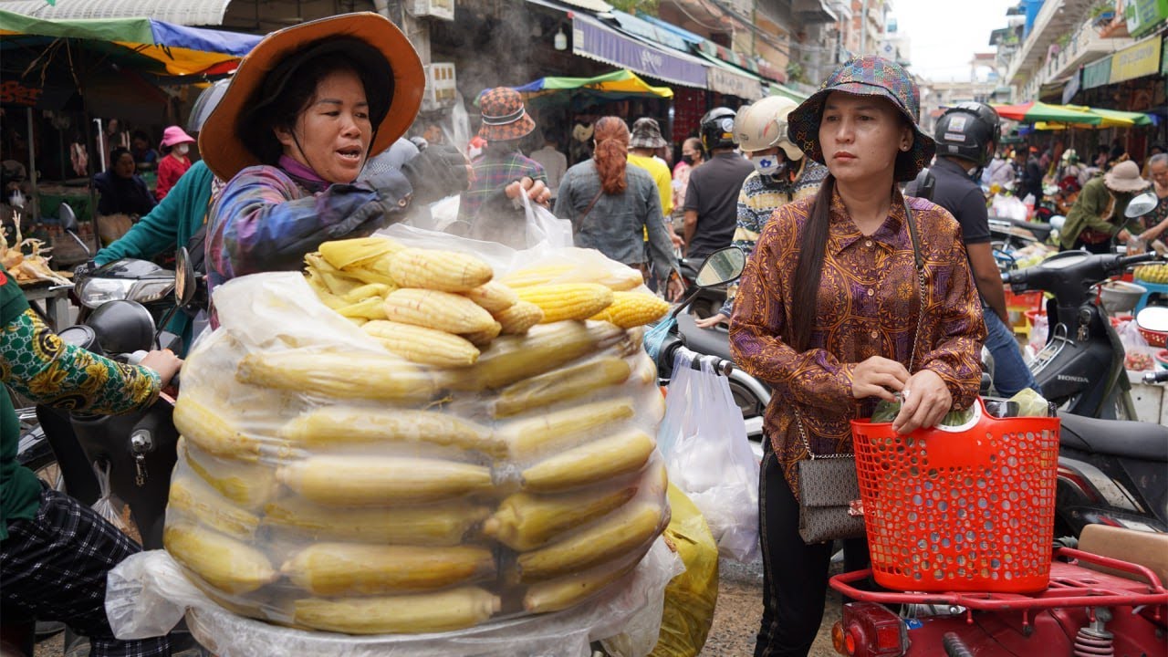 Morning Food Market Scene 2023 - Fresh Neem Salad, Boiled Corn, Vegetable, Fish in Town Market
