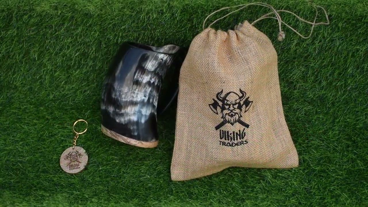 Viking Traders Original Viking Drinking Horn Mug with Burlap Sack - 20 Oz Wood Base Extra Large