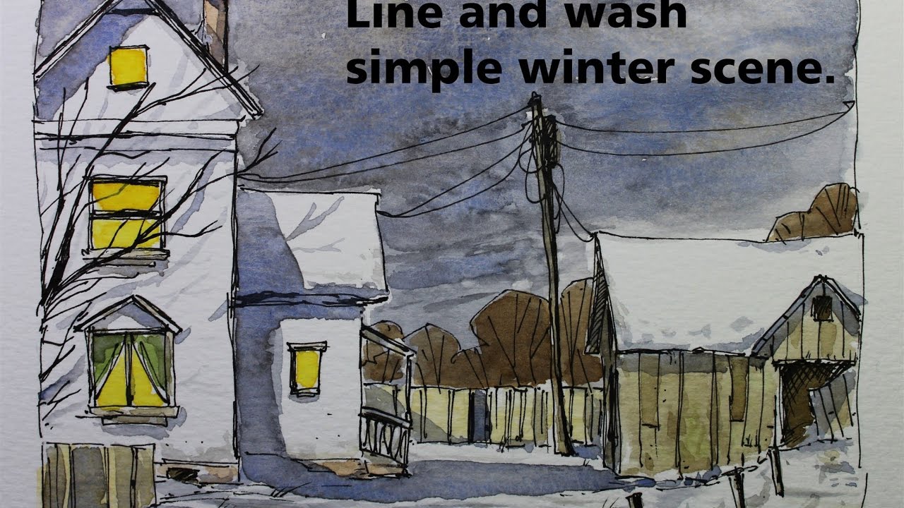 Line and wash simple winter scene Great for beginner watercolor tutorial