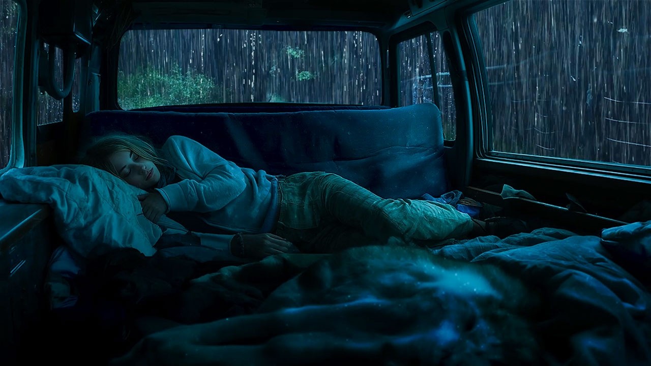 Goodbye Insomnia with Heavy Rain on Car - Rain Sounds in a Foggy Forest at Night for Instant sleep