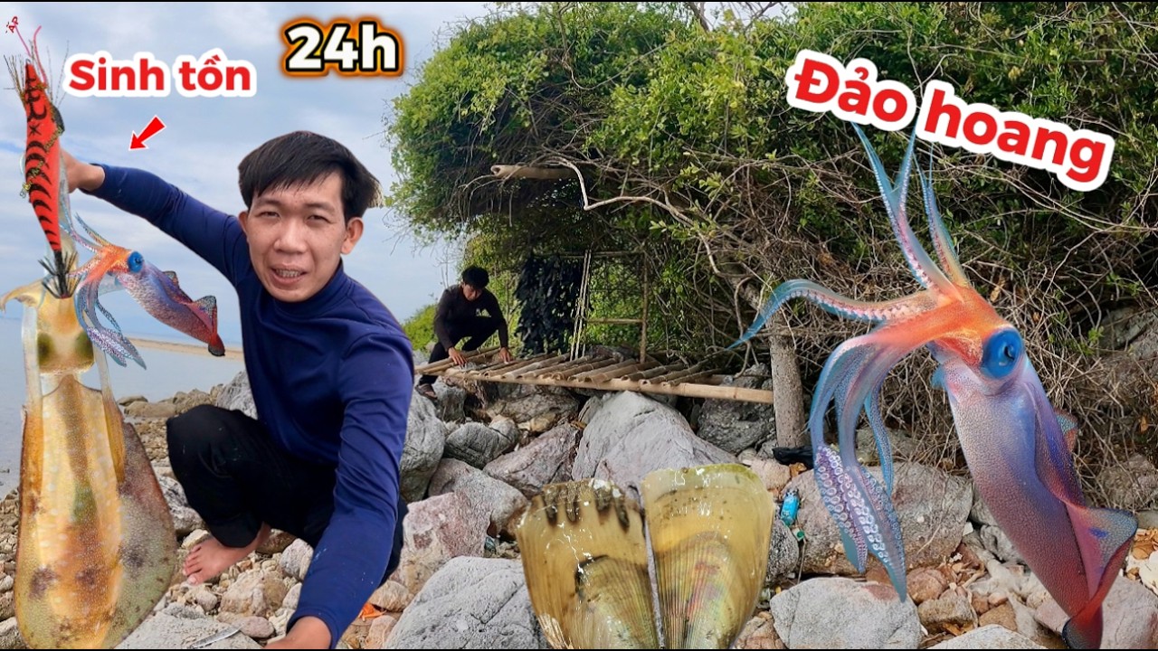 24h . Cắm trại trên đảo hoang | xây dựng nơi trú ẩn tìm kiếm thức ăn gặp ổ mực lá