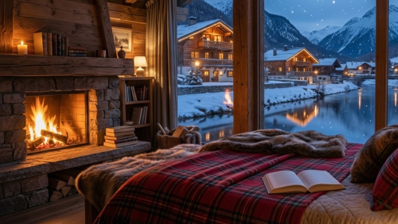 Cozy Winter Bedroom Overlooking a Snowy Village ❄️ Crackling Fireplace & Wind Sounds