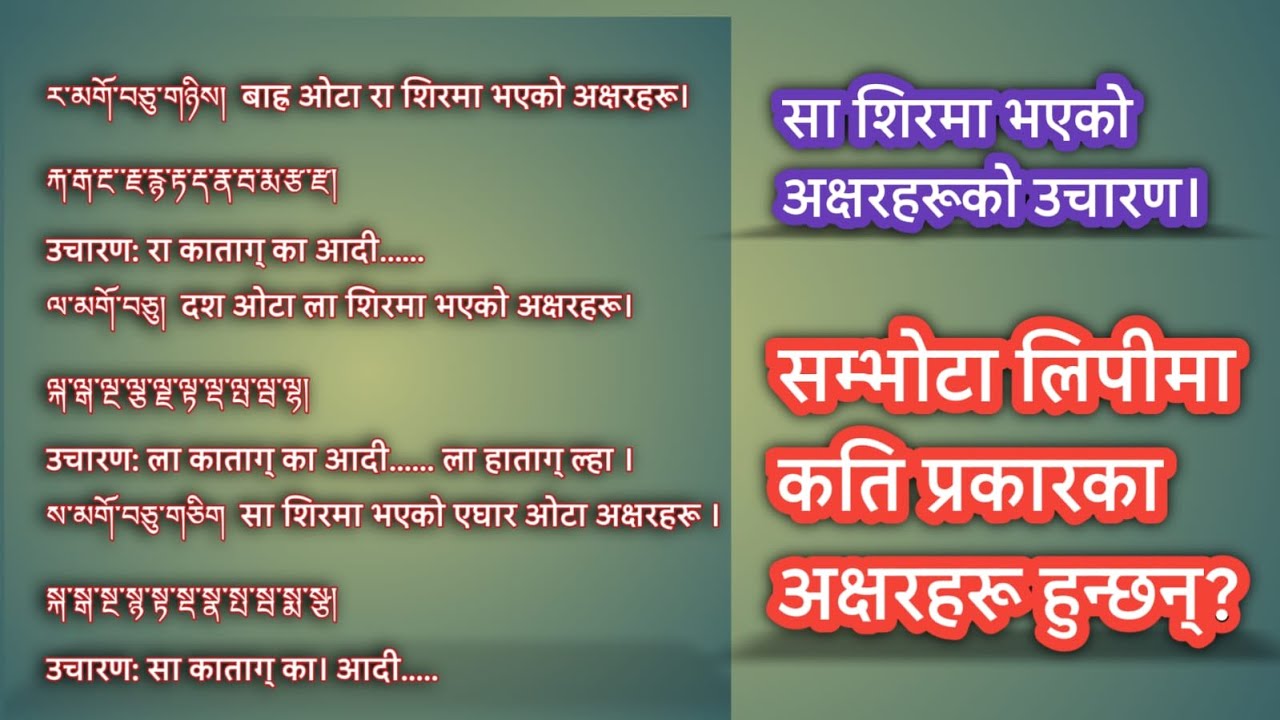 सम्भोटा लिपीमा कति प्रकारका अक्षरहरू हुन्छन्? सा शिरमा भएको अक्षरहरूको उचारण कसरी गर्ने?