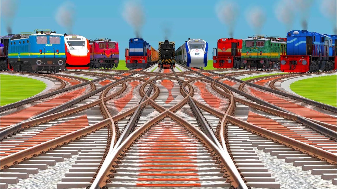 9 TRAINS CROSSING BY INDIAN BUMPY RAILROAD TRACKS CURVED BRANCHED train crossing video