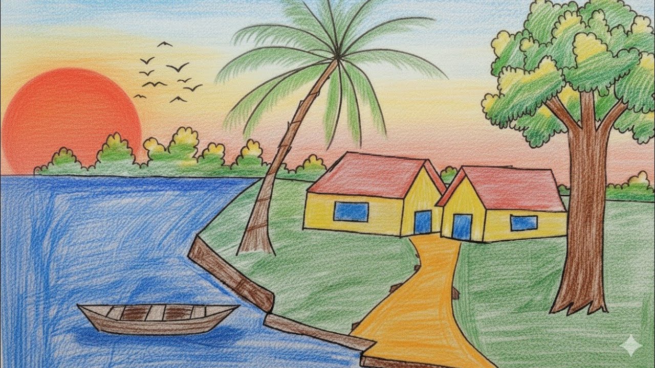 How to Draw a Village Sunset Scenery Step by Step #viral #drawing #youtube#art#painting #viralvideo 