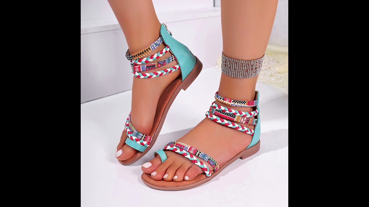 Ethnic Style Colorful Stitching Large Size Flat Bottom Sandals#sandals#shose