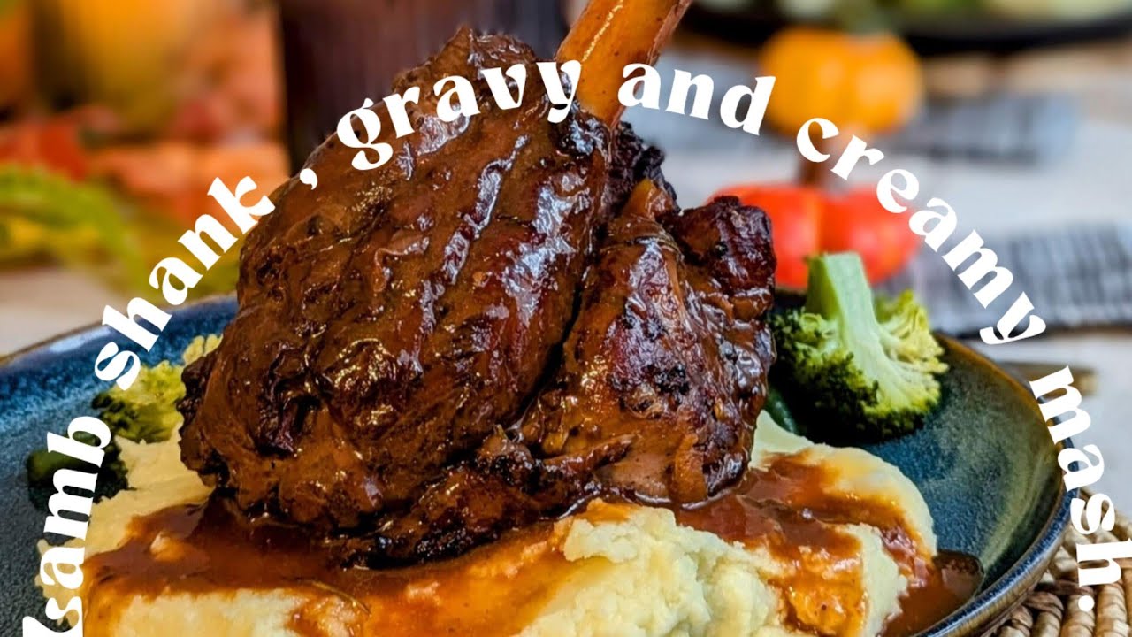 Full meal Sunday roast: lamb shank recipe. Red wine gravy for lamb. Creamy garlic mash