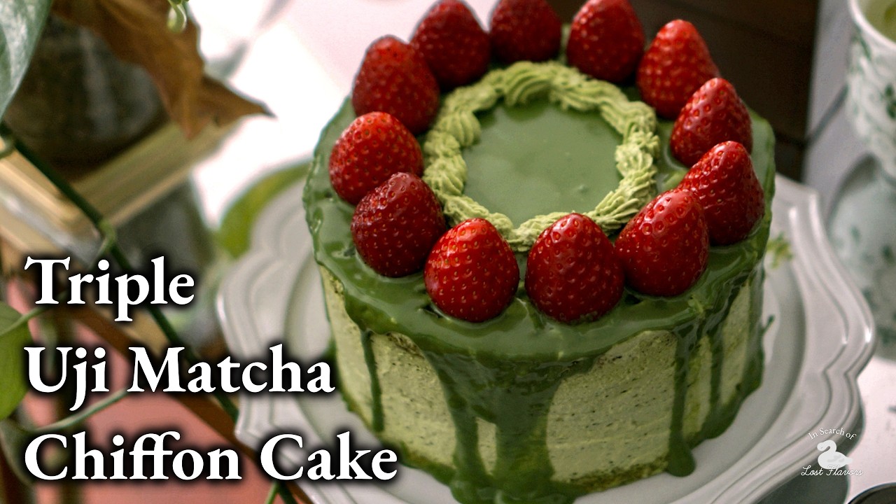 Triple Uji Matcha Chiffon Cake With Japanese Strawberries | Baking Recipe With Relaxing Piano Music