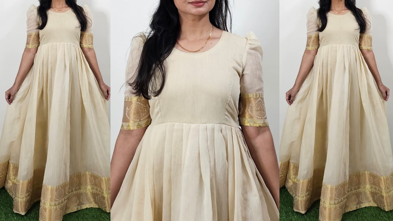 Convert Old Saree  Into long Gown/ Long Frock |Anarkali  Dress Cutting And Stitching 