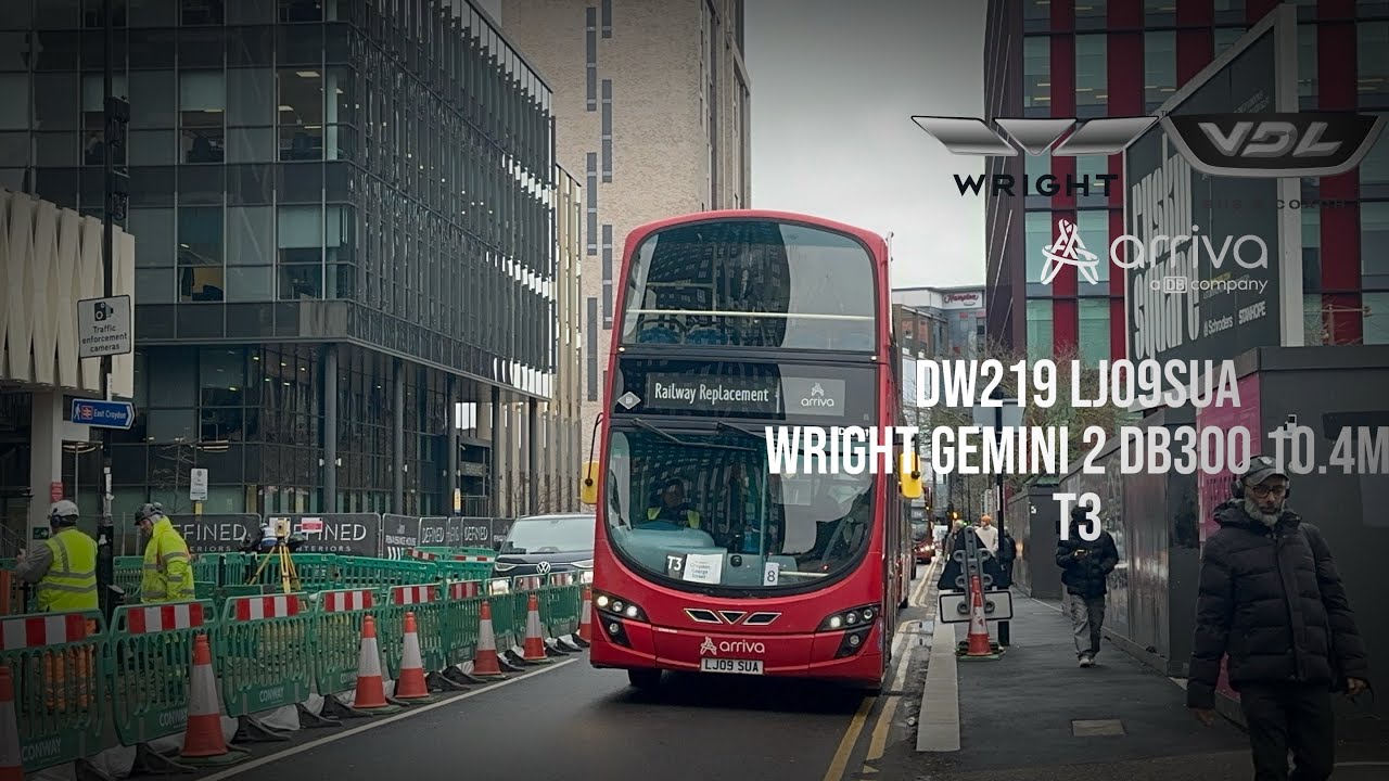 Journey on the Arriva London Wright Gemini 2 DB300 10.4m DW219 LJ09SUA on tram replacement route T3
