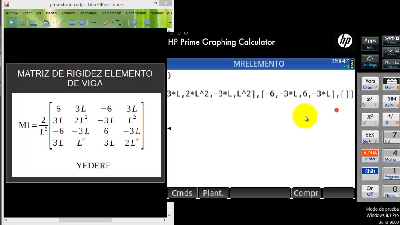 HP PRIME MATRIZ DE RIGIDES DE ELEMENTO DE VIGA