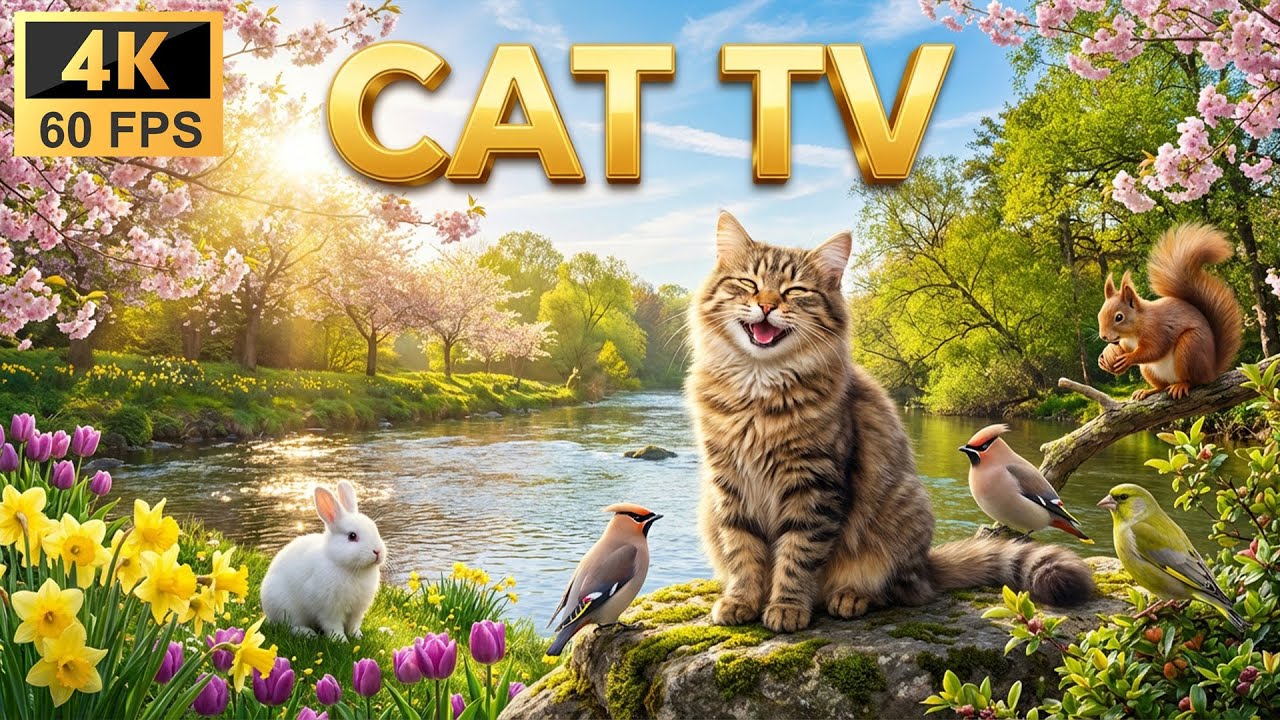 Cat TV 8 Hours - Spring River Walk: White Bunny, Waxwing & Yellow Flowers