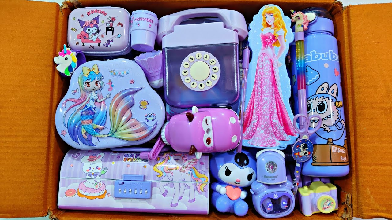 Showing Purple Stationery items - Pencil Case, Piggy bank, Sharpener, Sipper bottle, Pen, Geometry