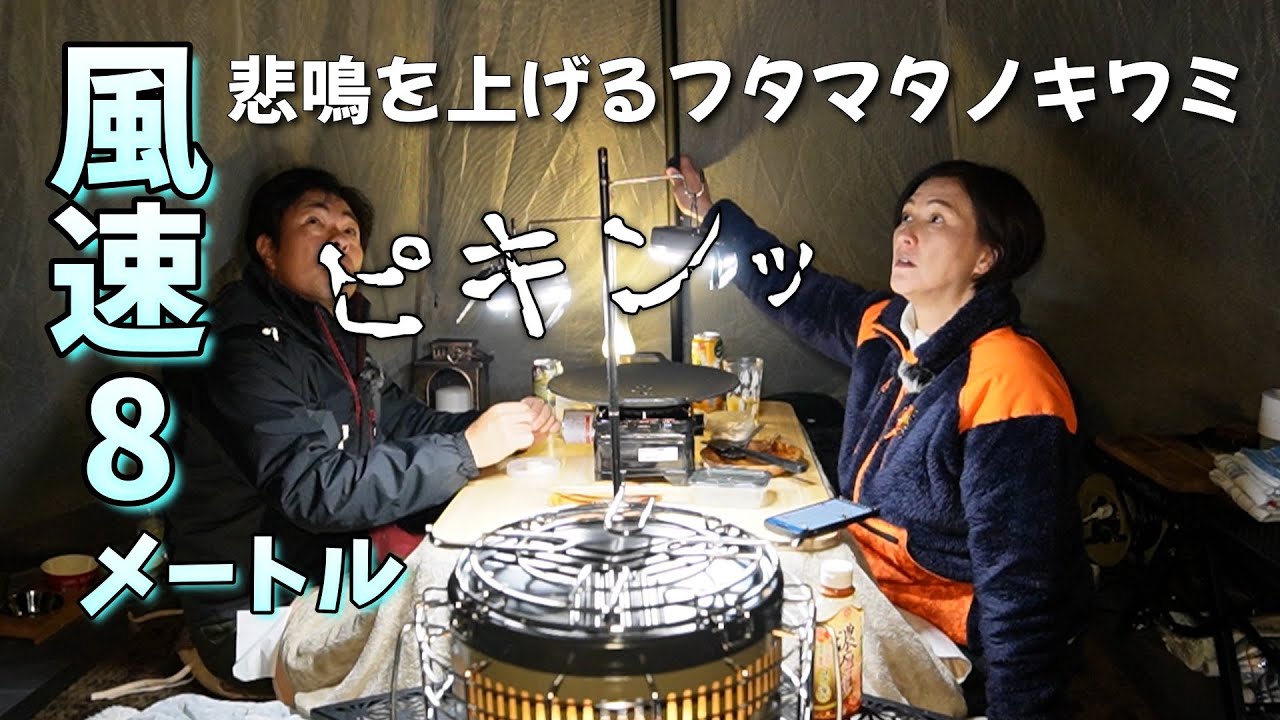 雪中キャンプでワンポールテントの二股化。強風で悲鳴を上げるフタマタノキワミは耐えられた？【エンゼルフォレスト那須白河】【キャンプこたつ】