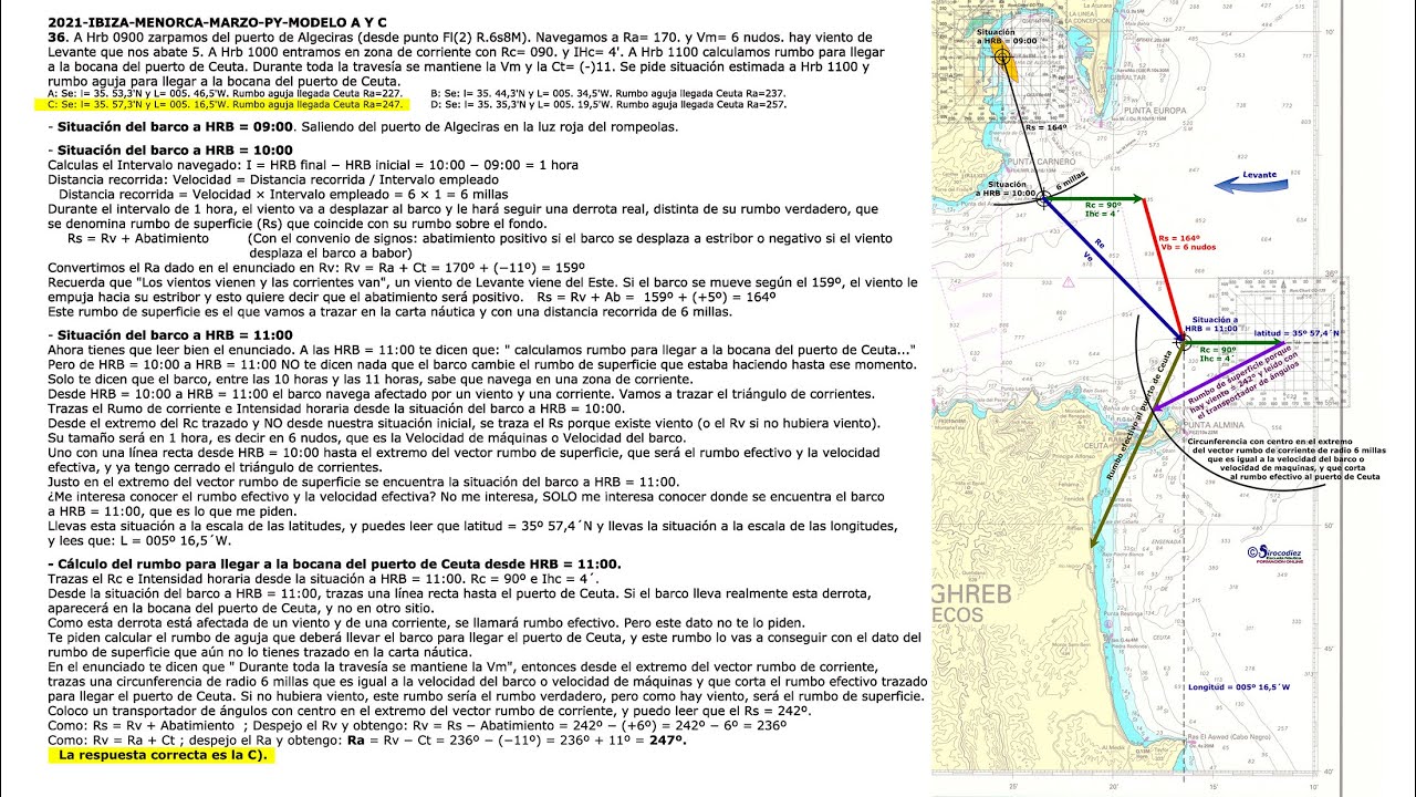 Viento y corriente - resolución paso a paso pregunta difícil de examen de Patrón de Yate