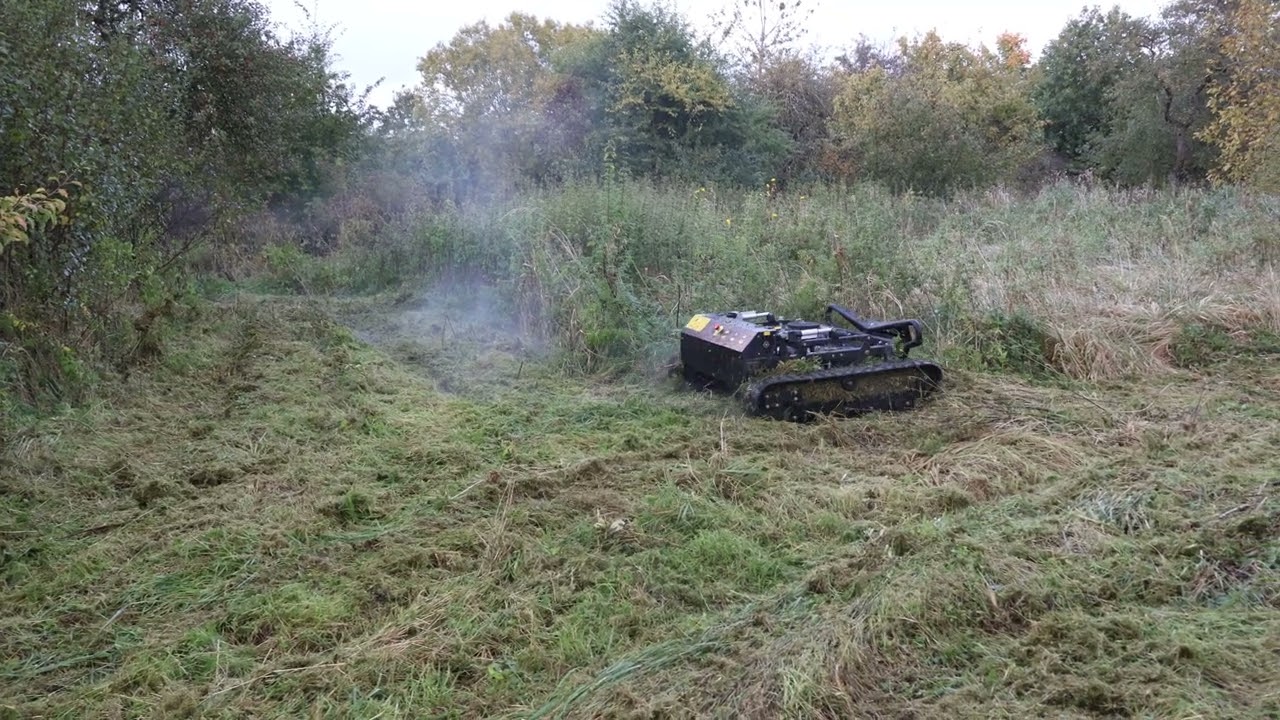 Tanks pārvērš mežonīgu zāli sakoptā laukā Turning Wild Overgrowth into Clean Field with a Tank Mower