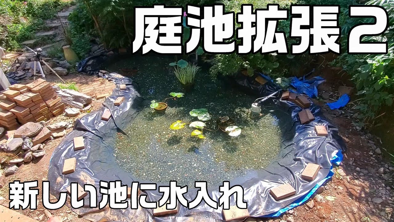【池作り】庭池の拡張、水入れと砂利投入まで