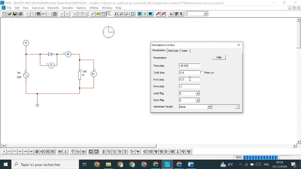 Montage Redressement Simple Alternance avec Charge R&eacute;sistive : Simulation sur Logiciel PSIM