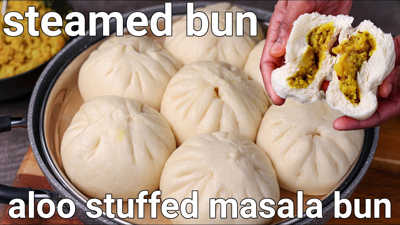 aloo masala stuffed steamed bun recipe - soft & fluffy | no oven steamed masala bun in kadai