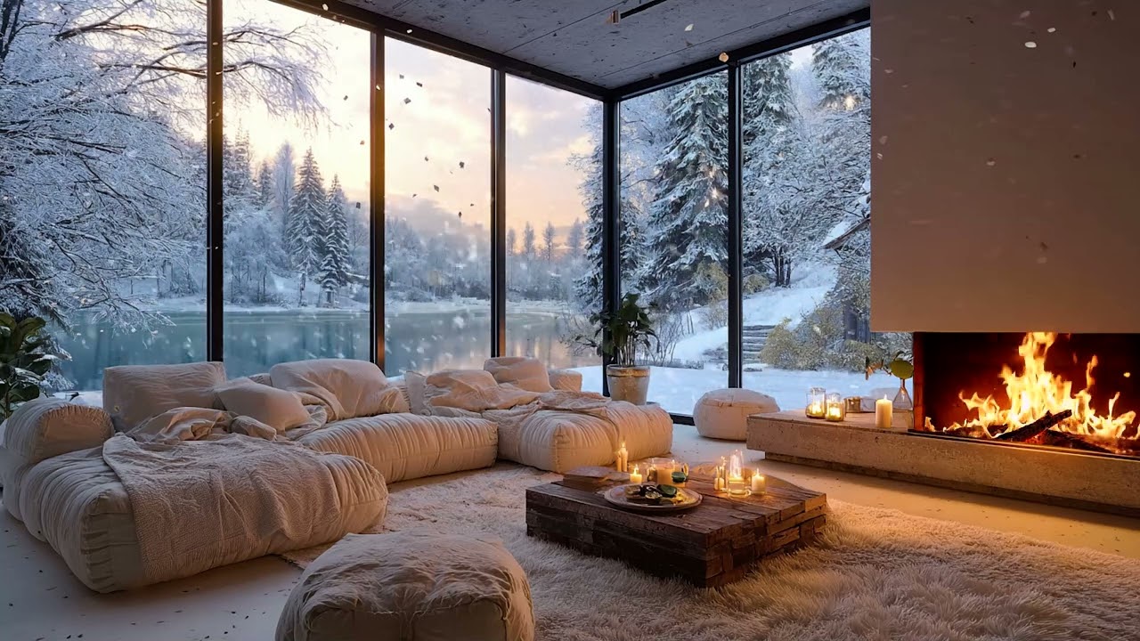 Howling Snow Wind Outside and Cozy Fireplace Crackles Filling a Calm Room for Deep Sleep