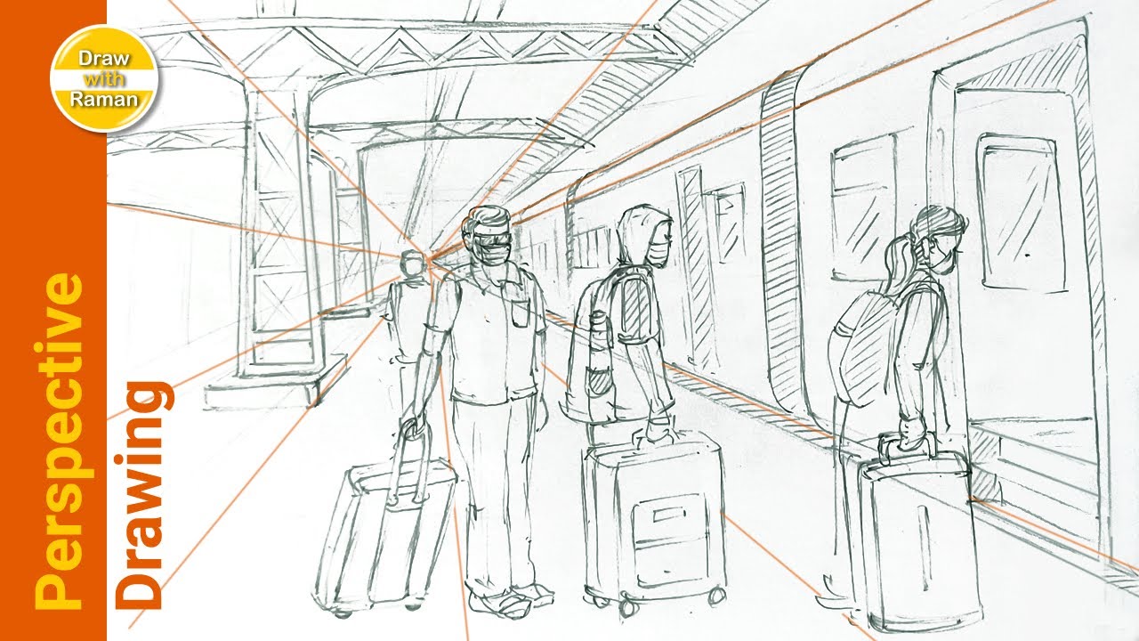 Railway Station Drawing | Corona time Drawing | Perspective Drawing tutorial