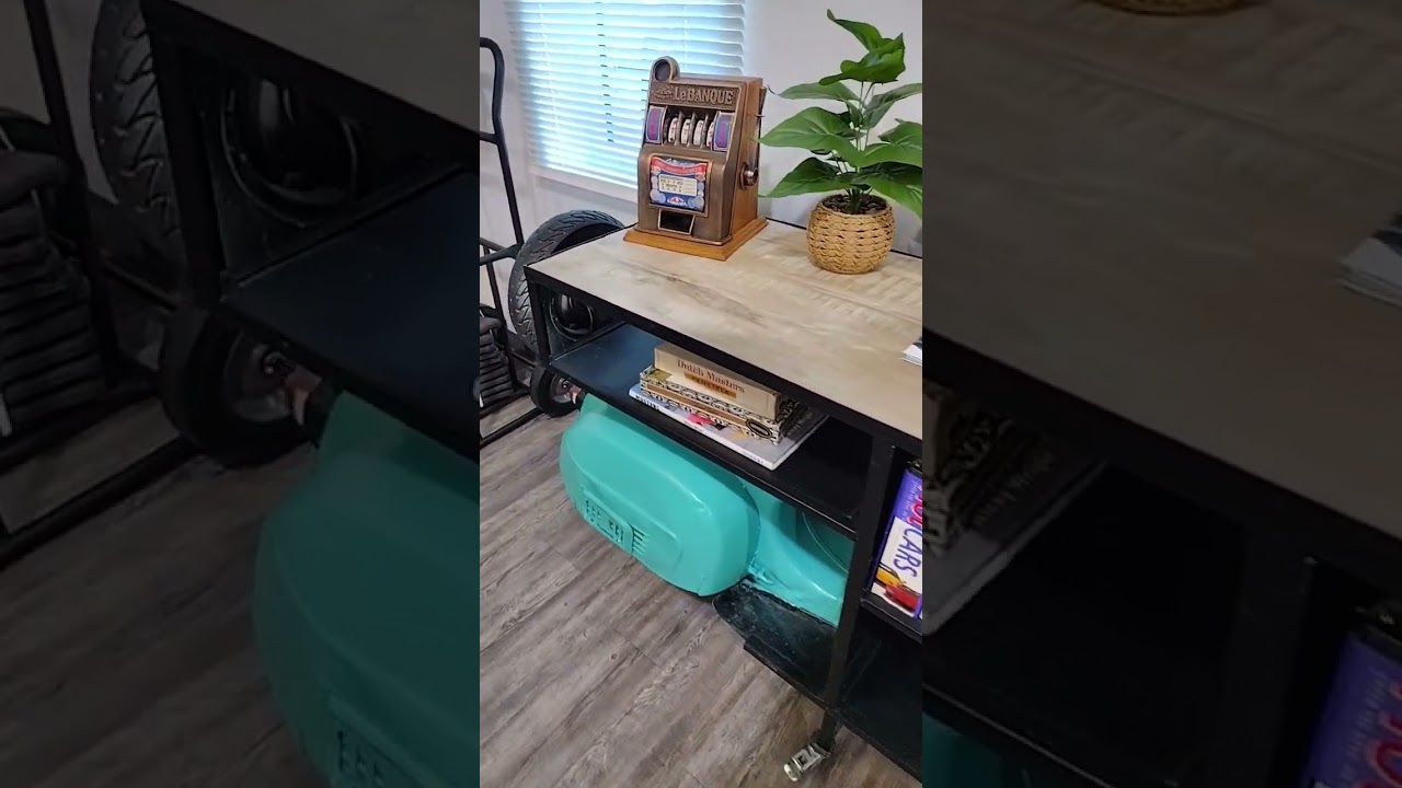 Vespa Bajaj scooter. Custom furniture, scooter desk. Rolling table. Man cave rolling art. Classic