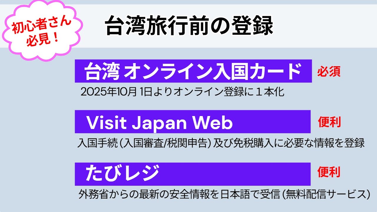 海外旅行前の準備｜台湾オンライン入国カード｜VisitJapan Web｜たびレジ｜