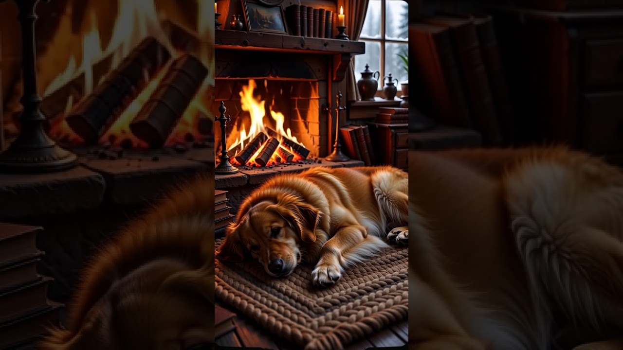 4K Fireplace Snowfall Ambience ❄️ Cozy Winter Cabin with Sleeping Dog | Crackling Fireplace Sounds