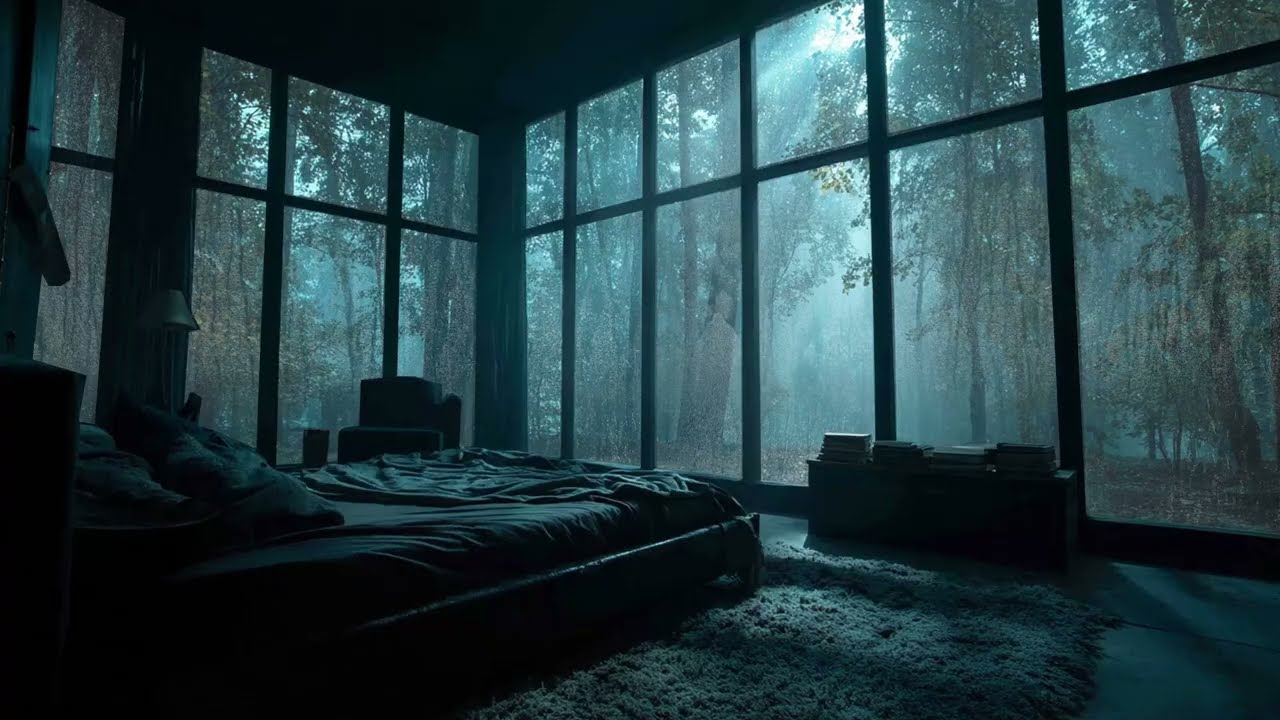 Cozy Forest Bedroom Rain on Window - Heavy Thunder Ambience for Deep Sleep and Stress Free