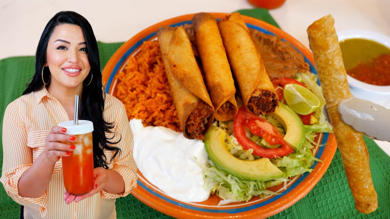The Best Crispy Chicken Taquitos, Refried beans, Mexican Rice & a Drink All in this recipe