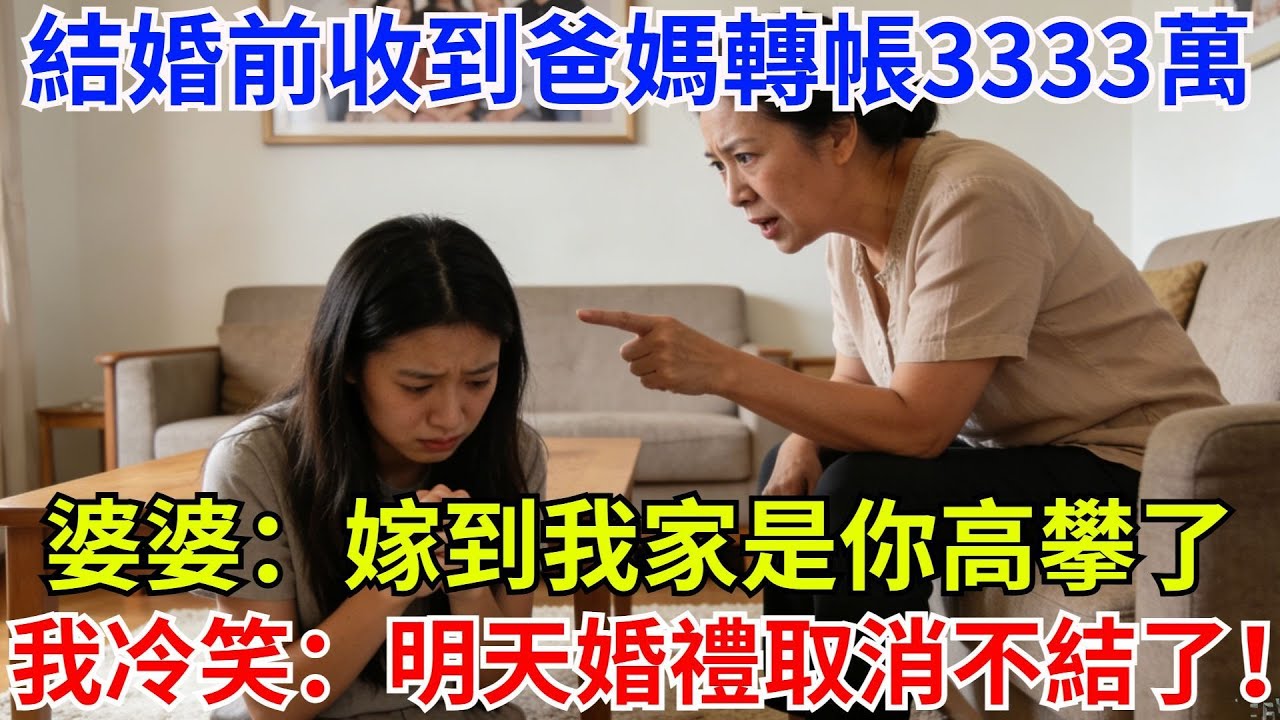 結婚前夜我收到爸媽轉帳3333萬陪嫁金和2套別墅，婆家還不知道，當晚婆婆説：嫁到我家是你高攀了，婚後可別拿我家錢接濟你家！我冷笑：明天婚禮取消，不結了！#故事#情感