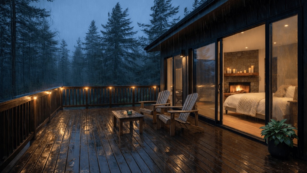 Heavy Steady Rain on Forest Cabin Deck 🌧️ Fireplace Glow | 8 Hours Deep Sleep & Safe Comfort