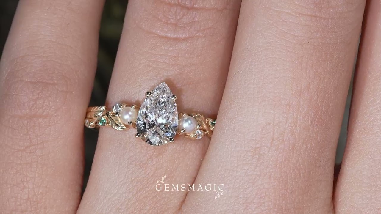Pear Cut Lab Grown Diamond Leaf Engagement Ring With Pearl And Emerald - Addison