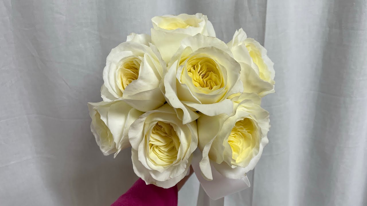 Make a tiny wedding bouquet with white garden roses