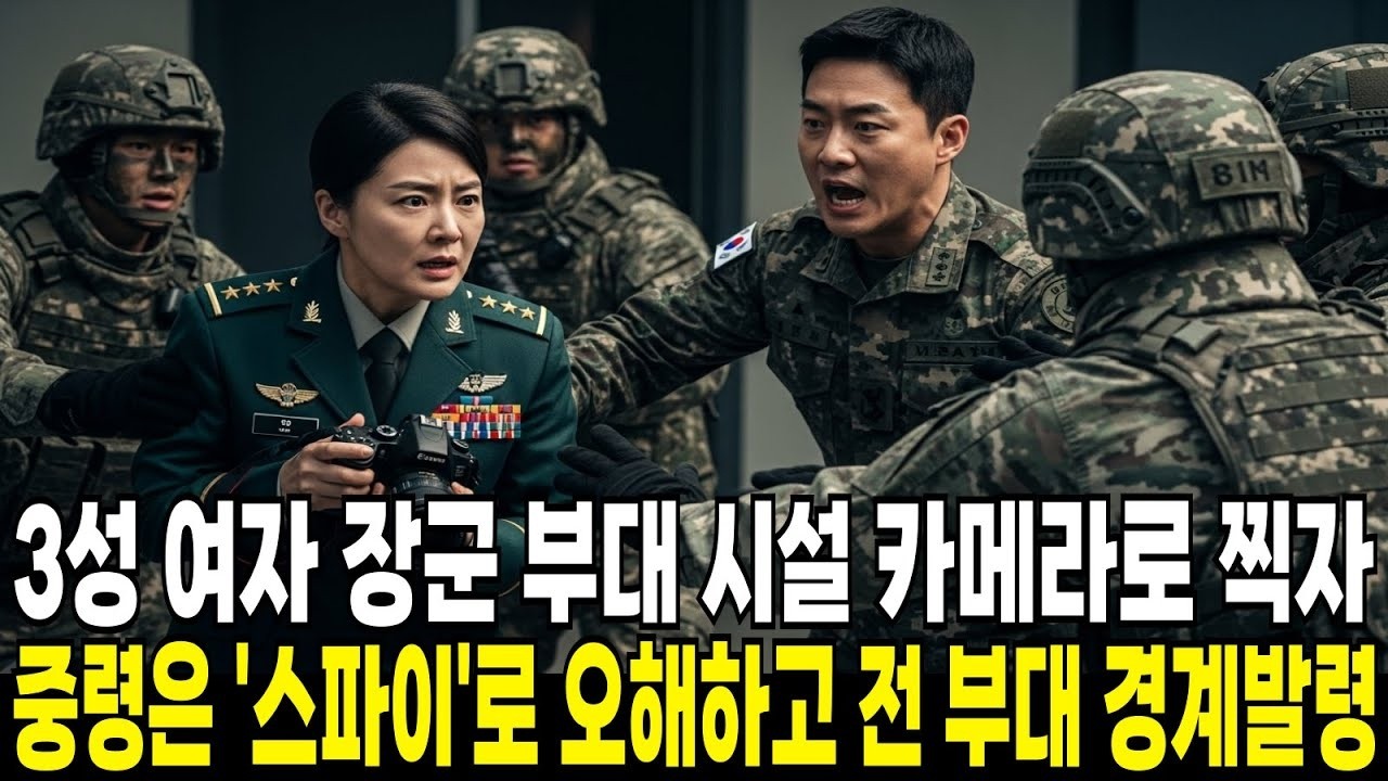 1쓰리스타 여자 장군이 부대 점검 중 카메라로 사진을 찍자, 중령이 '스파이'로 오해하고 체포하게 되는데