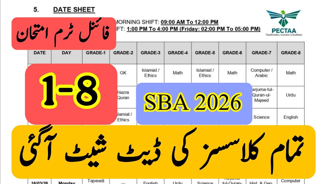 SBA Final term 2026 Date sheet | Time table | PECTAA papers | 1 to 8 | School based assessment |
