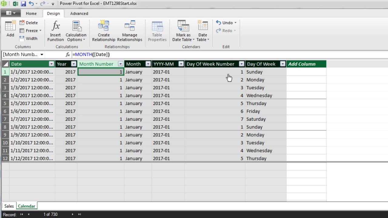 Excel Magic Trick 1299: Automatic Calendar Table in Data Model, New in Excel 2016