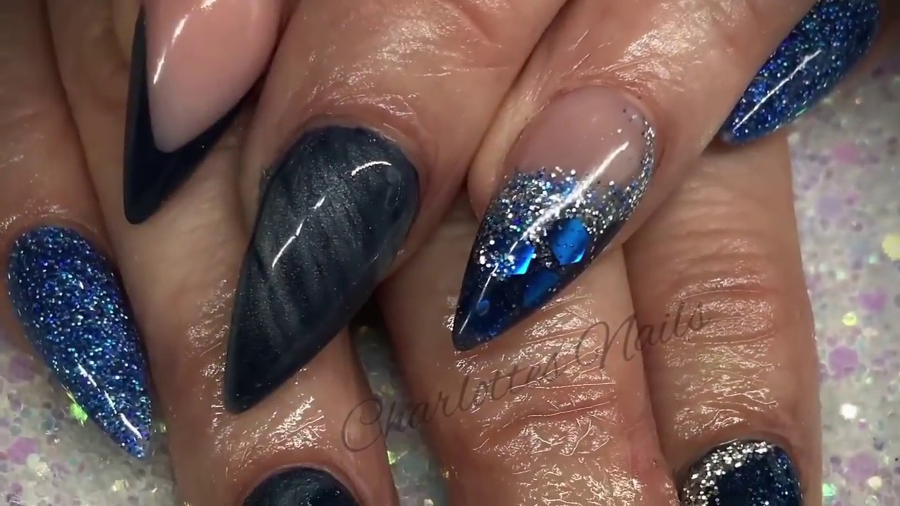 Acrylic nails - blue design with cat eye gel polish