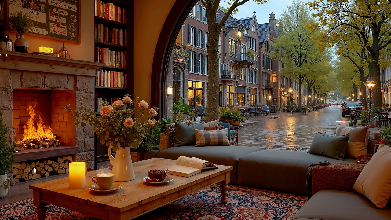Soft Jazz Coffee Shop ☕ Rainy Day Ambience & Warm Fireplace Ambience for Study, Work & Relax