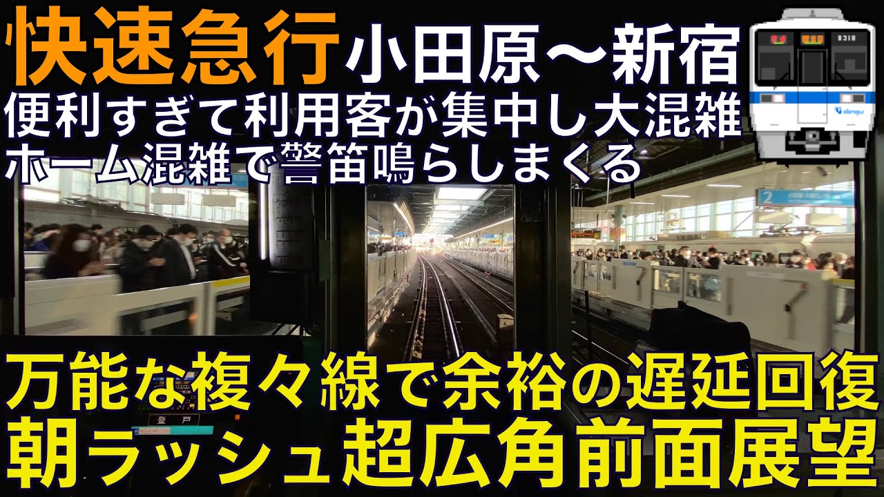 【超広角前面展望】指差歓呼が素晴らしい運転士！朝ラッシュは複々線をフル活用し団子運転回避&回復運転！小田急8000形 快速急行 小田原～新宿【Train Cab View】