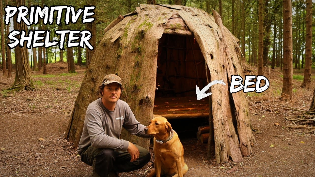 Primitive Bushcraft Shelter - Building a Wigwam Survival Bed using Hand Tools, at the woodland camp